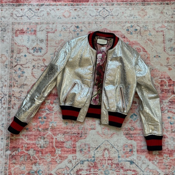 Gucci Crackle Leather Bomber Jacket Metallic Silver